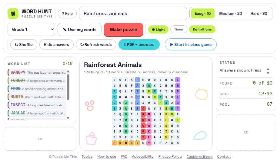 The same puzzle with all answers revealed, each word highlighted in a different colour and crossed off the word list.