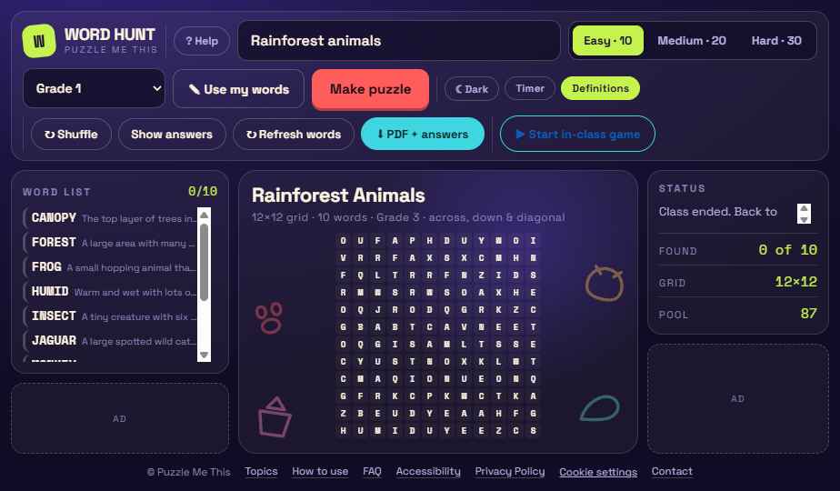 The site in dark mode, showing the same puzzle in cream text on a deep indigo background.