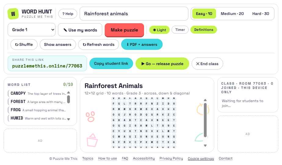 Teacher view during an in-class game, showing the shareable room link, Go button, End class button, and the class panel on the right.