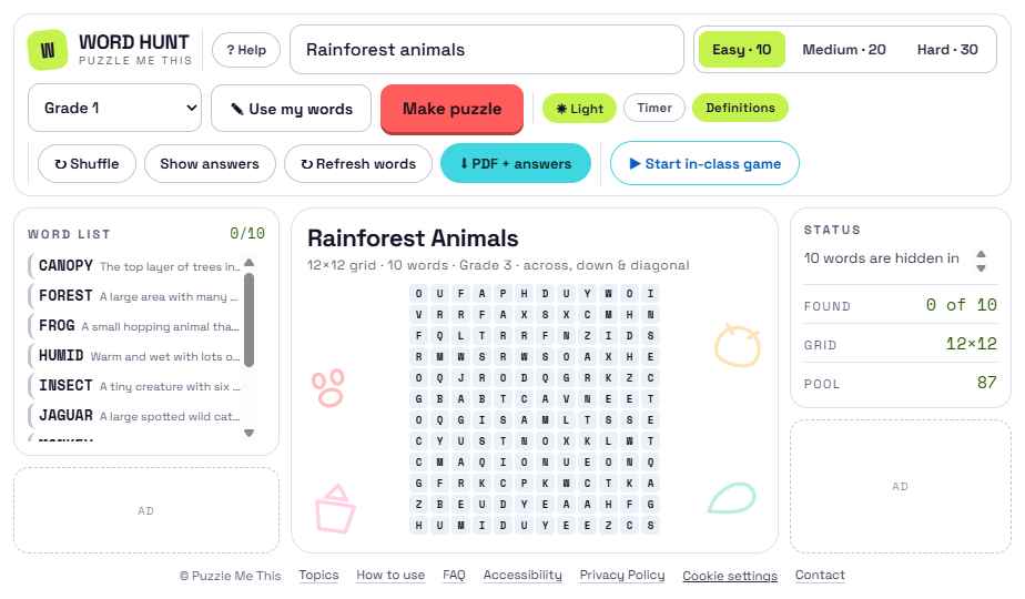 The Puzzle Me This screen showing a Rainforest Animals word search with the word list on the left and status panel on the right.