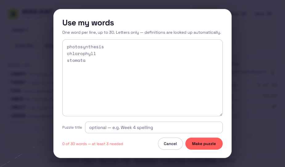 The Use my words dialog with a text area for one word per line and a field for the puzzle title.